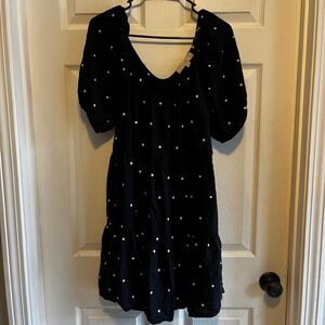 LOFT Black Polka Dot Tiered Puff Sleeve Square Neck Mini Dress Womens Medium